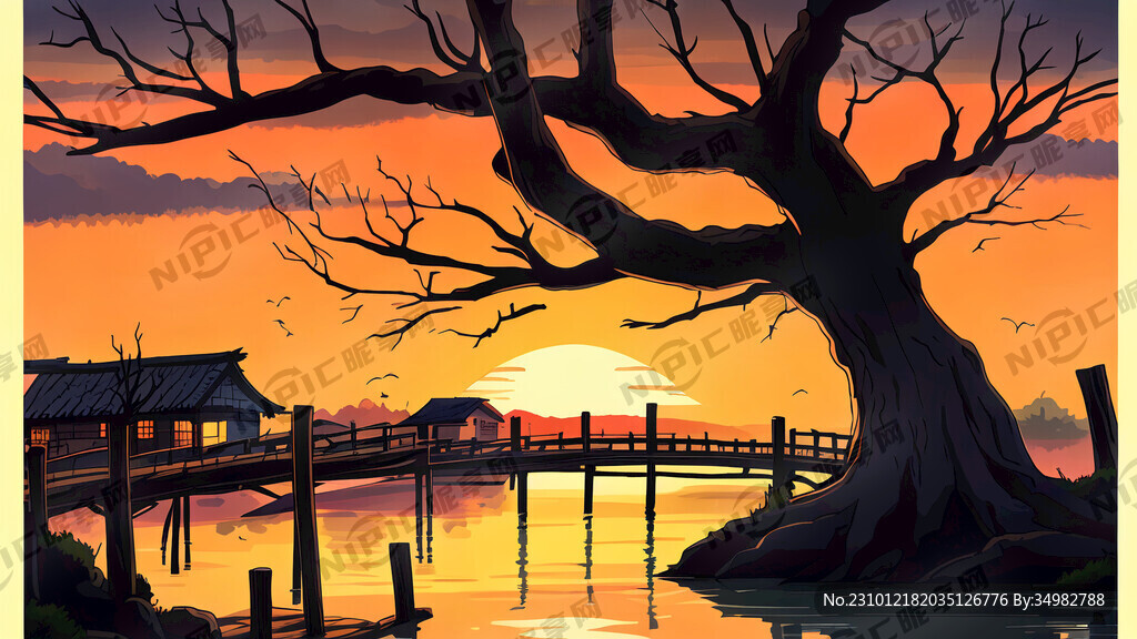 枯树 桥 水 古村 夕阳 手绘