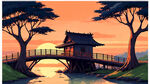 枯树，桥，水，古村，夕阳，手绘，卡通，宫崎骏，清新