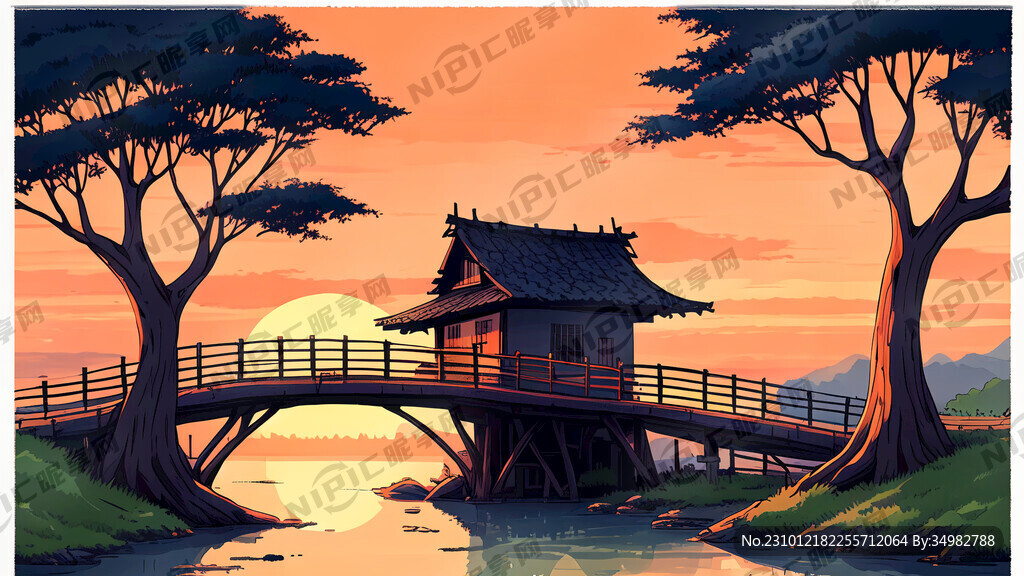 枯树 桥 水 古村 夕阳 手绘