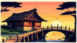 枯树，桥，水，古村，夕阳，手绘，卡通，宫崎骏，清新