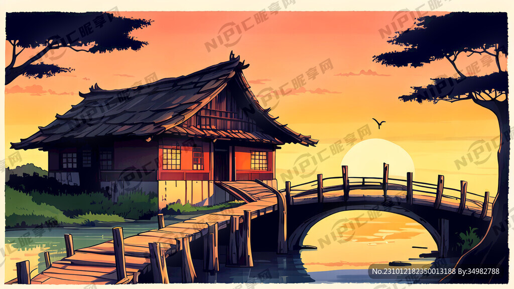 枯树 桥 水 古村 夕阳 手绘
