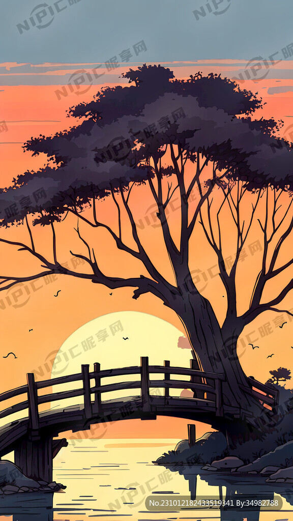 枯树 桥 水 古村 夕阳 手绘