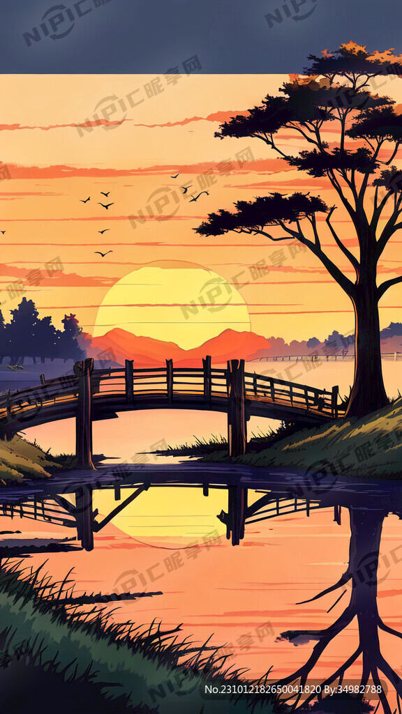 枯树 桥 水 乡村 马 夕阳