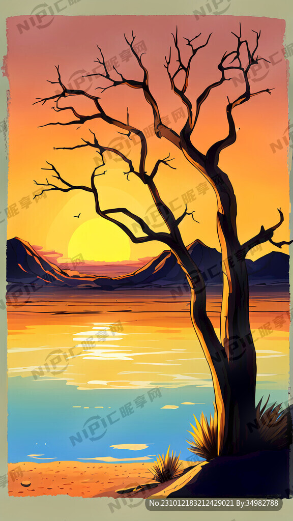 沙漠 枯树 水 夕阳 手绘