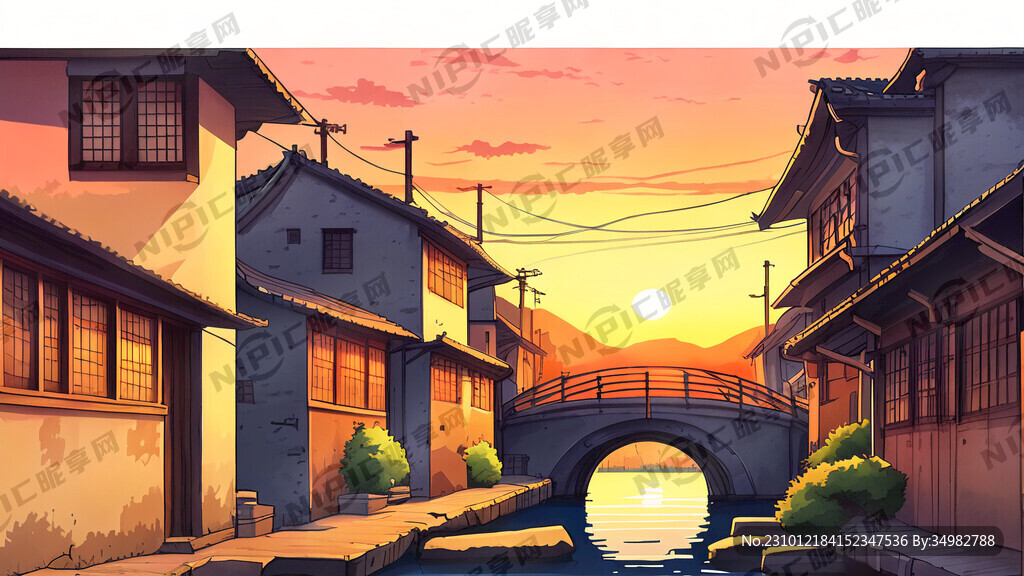 古巷 桥 水 夕阳 手绘 卡通