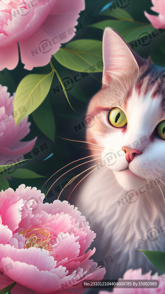 一只猫在花朵簇拥下看着你