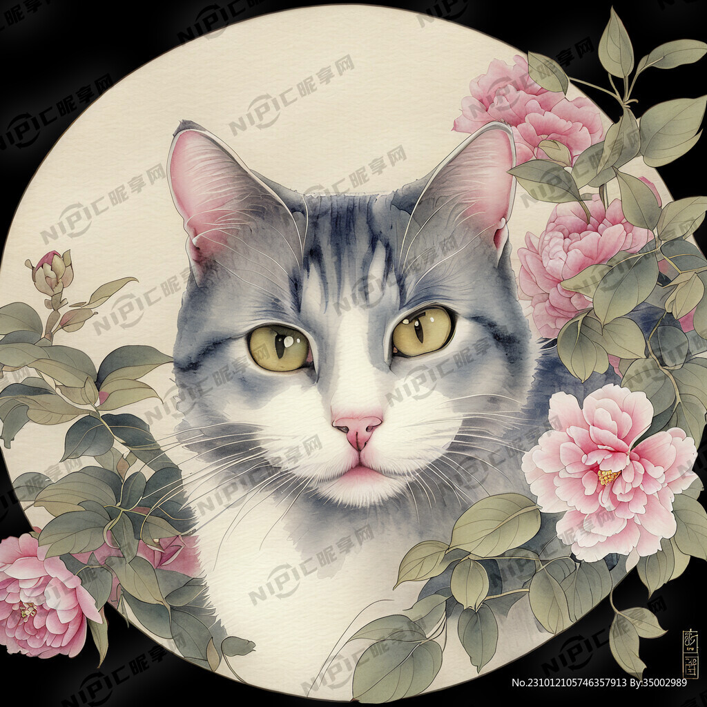 一只猫在花朵簇拥下看着镜头