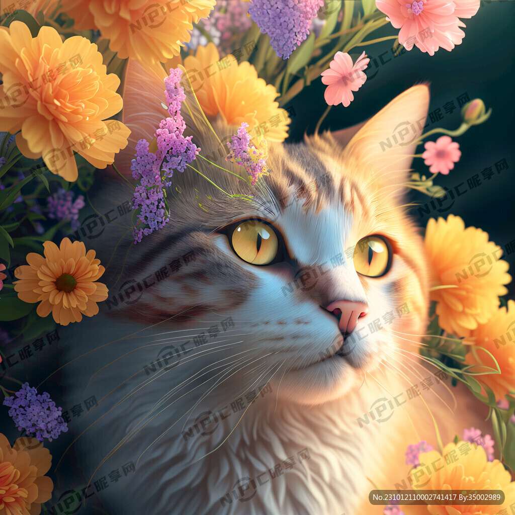 一只猫在花朵簇拥下看着镜头