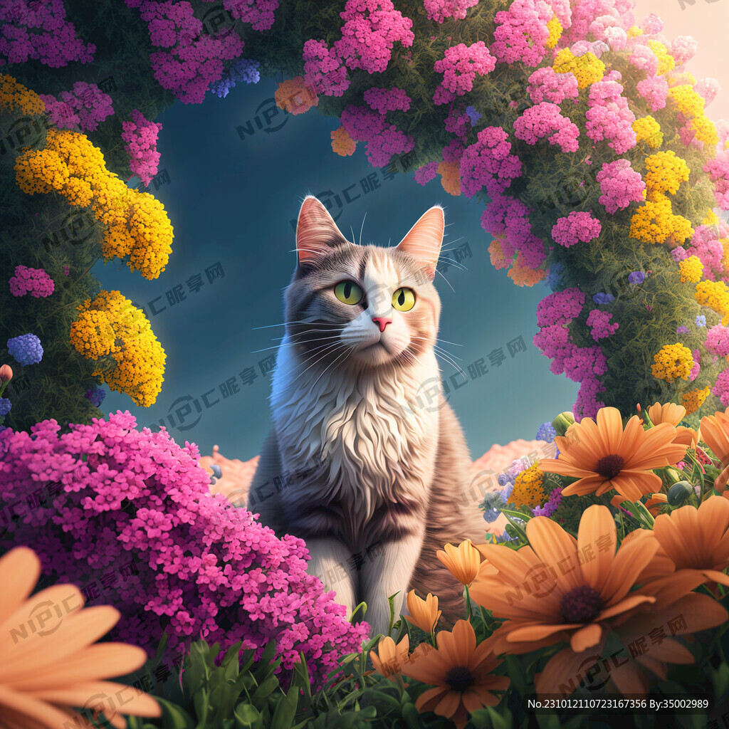 一只好看的猫在花朵簇拥下 远景