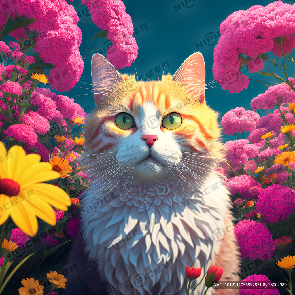 一只猫在花朵簇拥下 远景 全身