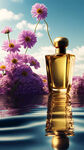 一个金色香水瓶，放在水面上，周围有鲜花，干净，简单，干净的天空，采用自然逼真的摄影，精致的细节，高分辨率，最高画质，高清8K