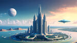 亚特兰蒂斯文明，海边未来之城，科技高度发达，飞碟，游轮，智能，水晶石能量，人们生活惬意，和谐友爱，团结奋斗，自然风景优美