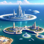 亚特兰蒂斯文明，海边未来之城，科技高度发达，飞碟，游轮，智能，水晶石能量，人们生活惬意，和谐友爱，团结奋斗，自然风景优美