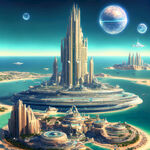 亚特兰蒂斯文明，海边未来之城，科技高度发达，飞碟，游轮，智能，水晶石能量，人们生活惬意，和谐友爱，团结奋斗，自然风景优美