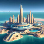 亚特兰蒂斯文明，海边未来之城，科技高度发达，飞碟，游轮，智能，水晶石能量，人们生活惬意，和谐友爱，团结奋斗，自然风景优美