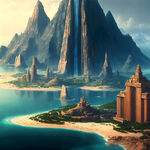 远古亚特兰蒂斯文明，海边，发达的高科技，江郎山的美清漾的古