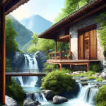 山水间小房子院子，小桥流水，高山瀑布，江郎山的美清漾的古，自然风景优美，别墅光伏家庭温馨