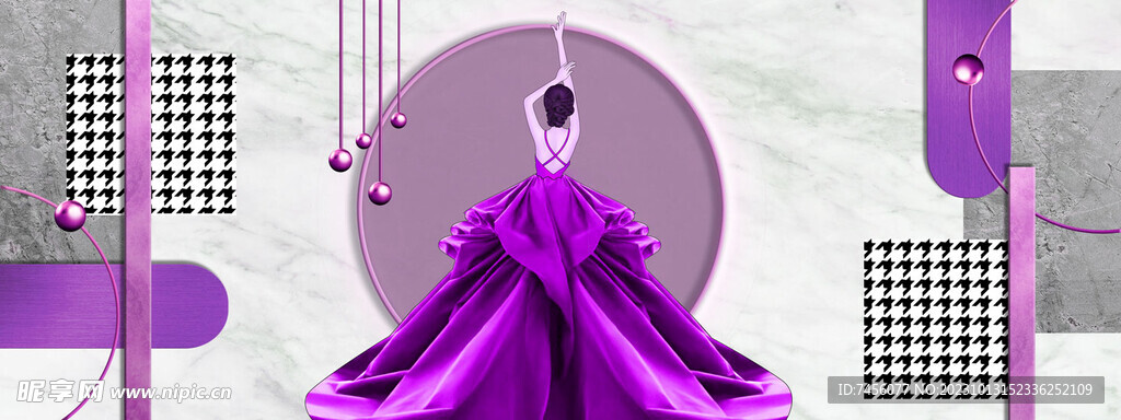 紫色裙子几何艺术三联挂画装饰画