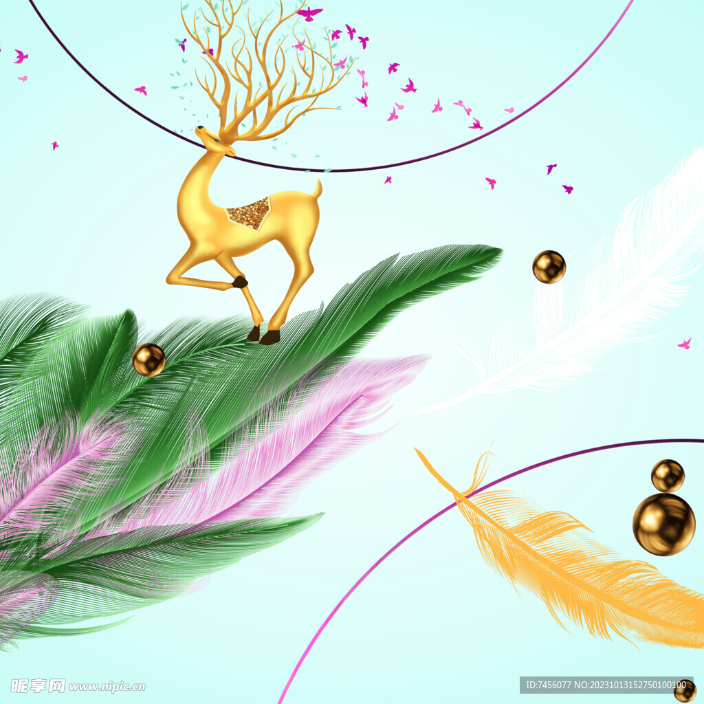 金色麋鹿羽毛艺术挂画装饰画