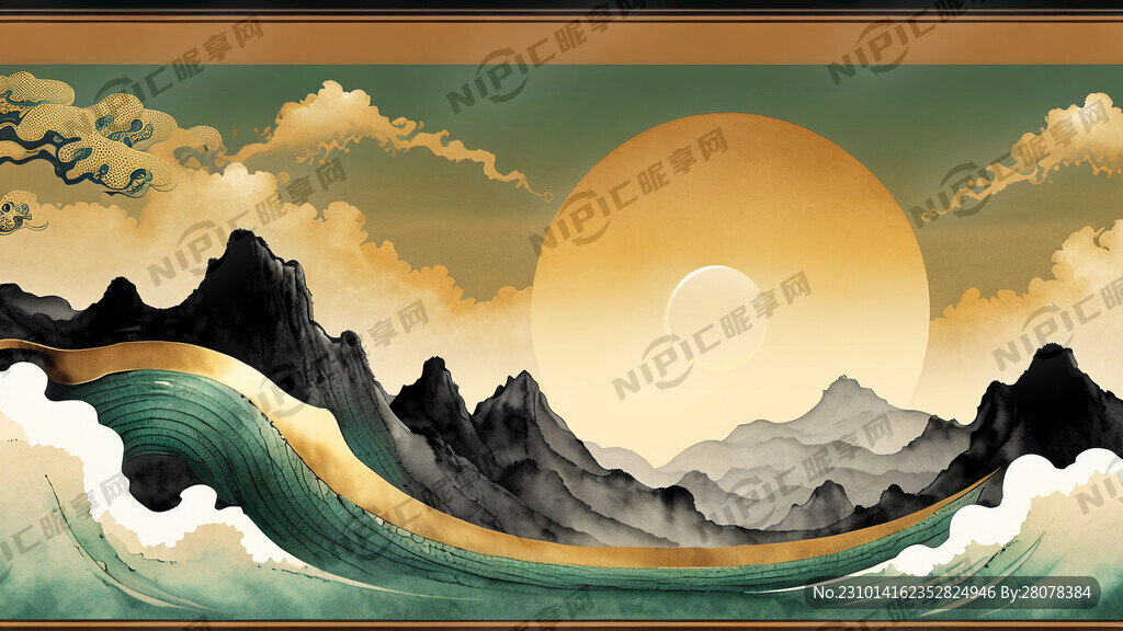中国龙祥云波浪太阳纯金色背景墨