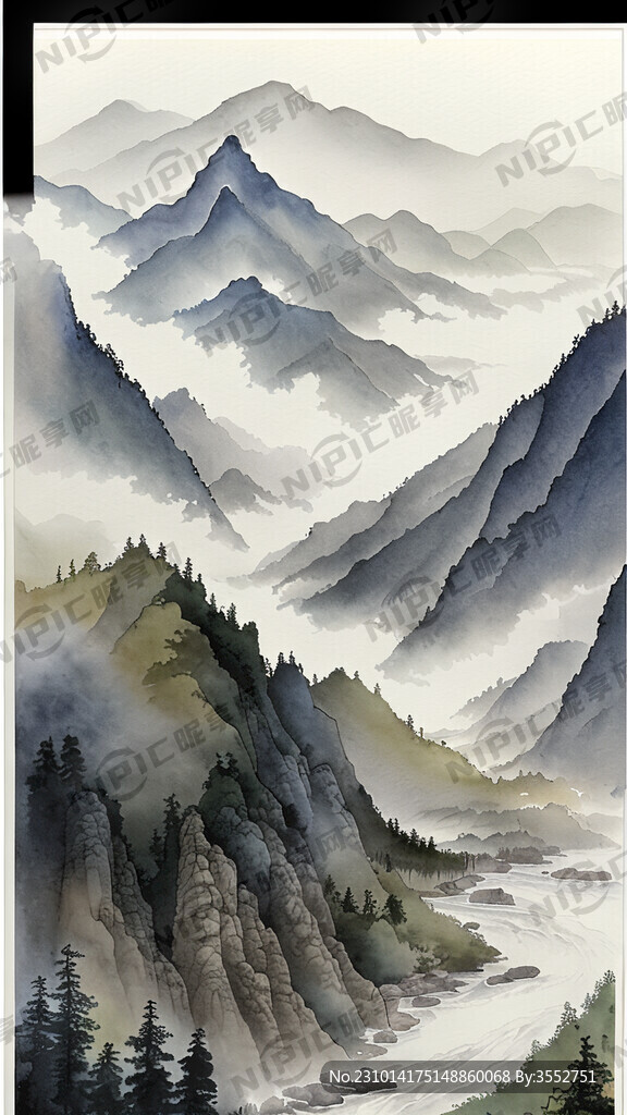 青山绿水 高山峻岭 山上有阁楼