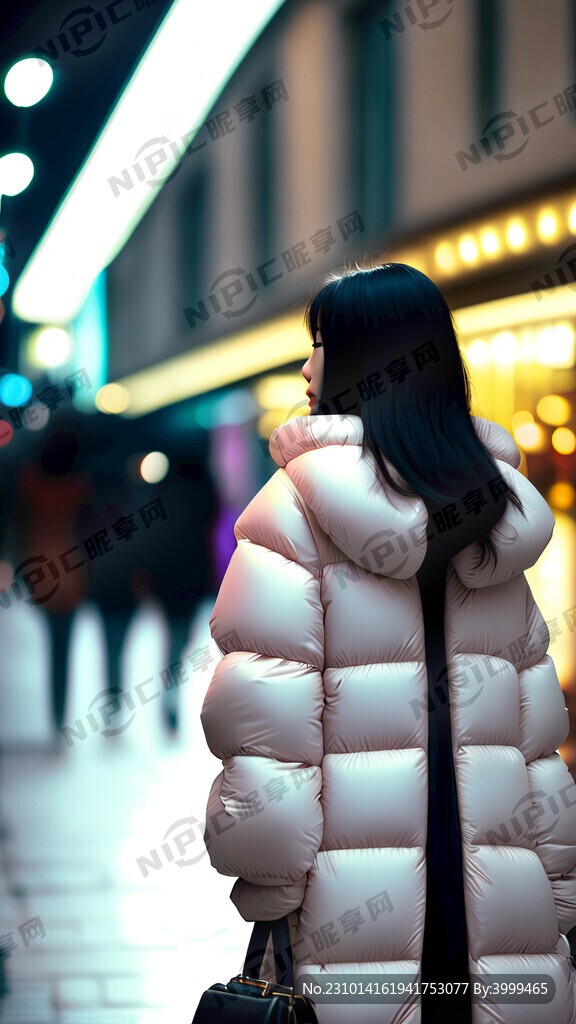 东方面孔年轻女孩时尚的羽绒服包