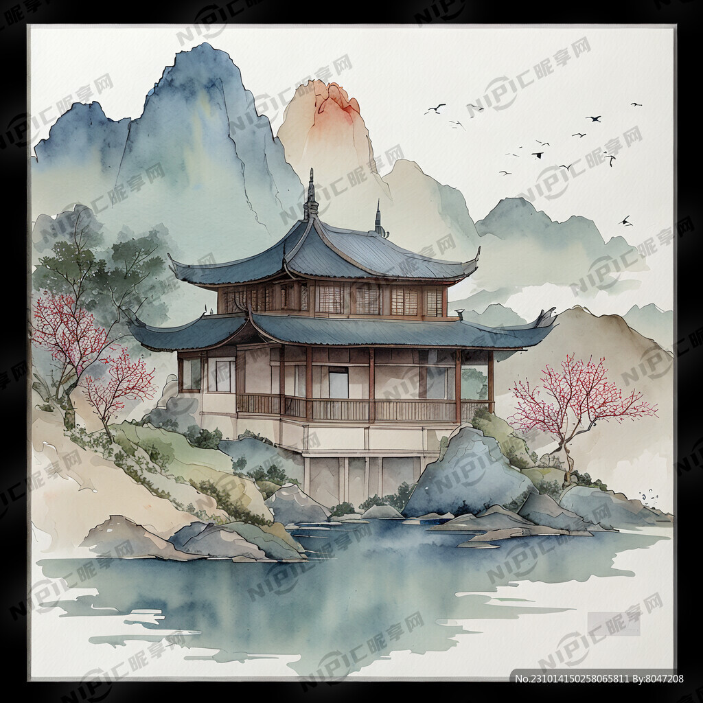 设计一个图标有山有水有房子有挂
