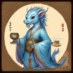 1只蓝色皮肤的卡通中式古典神兽全身形象侧面，身穿浅蓝色球衣，拿着酒杯敬酒，白色背景