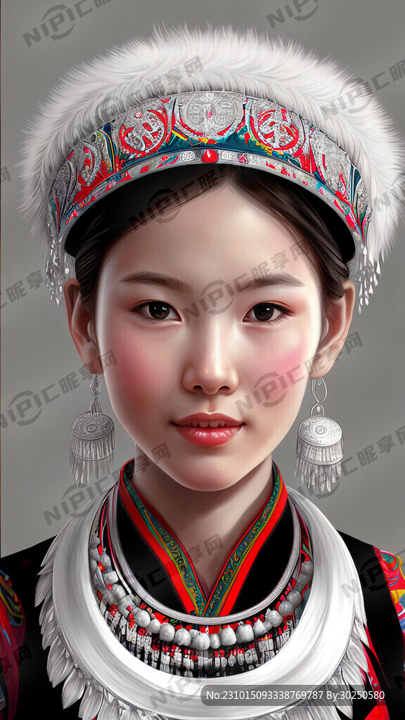 苗族少女 半身图 白底背景