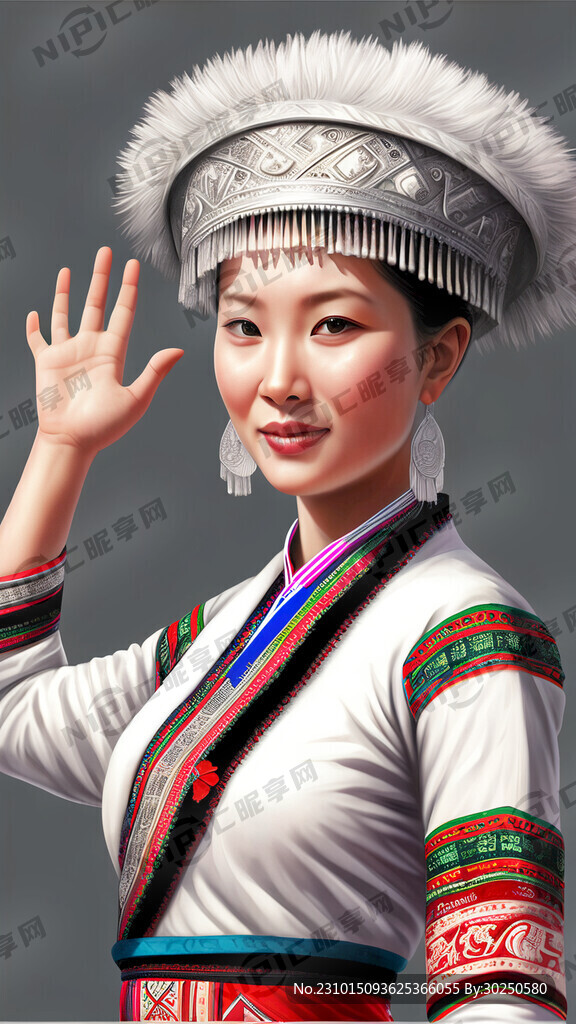 苗族女 举手 半身图 白底背景
