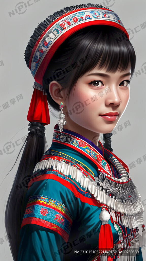 苗族少女 全身图 白色背景