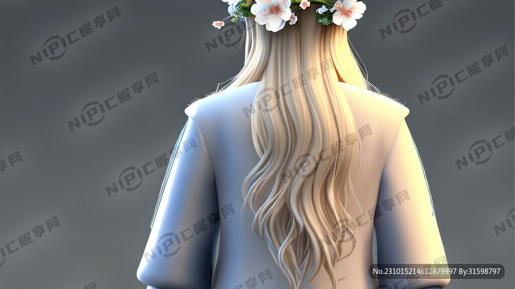 3d 金色头发少女 背对画面