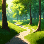 阳光明媚的树林里蜿蜒的小路，路面很平整，草地翠绿