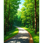 阳光明媚的树林里蜿蜒的小路，路面很平整，草地翠绿，写实的风格