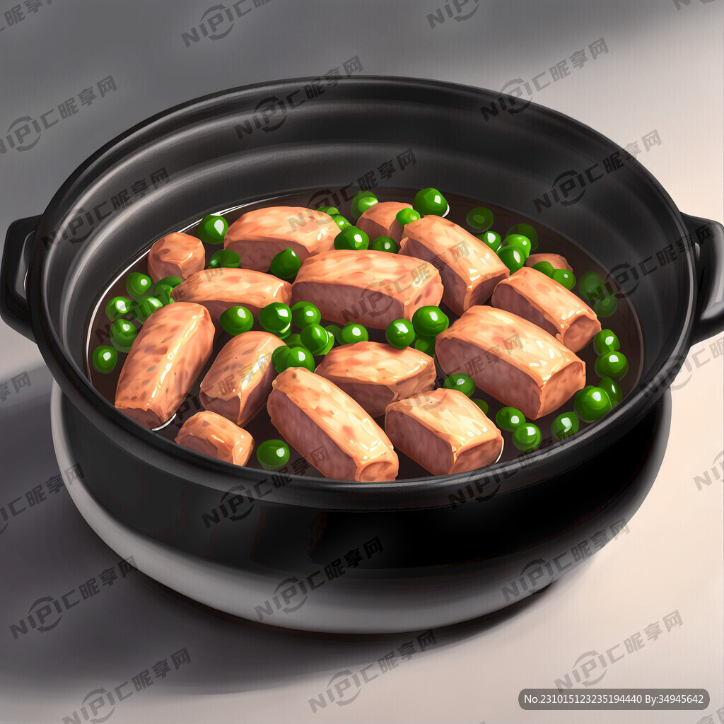 黑色的砂锅装的豌豆肥肠煲