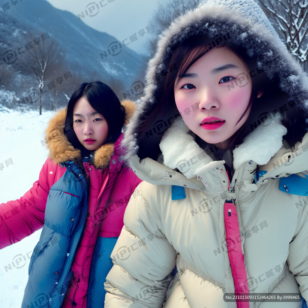 一群穿着时尚羽绒服的年轻女孩在