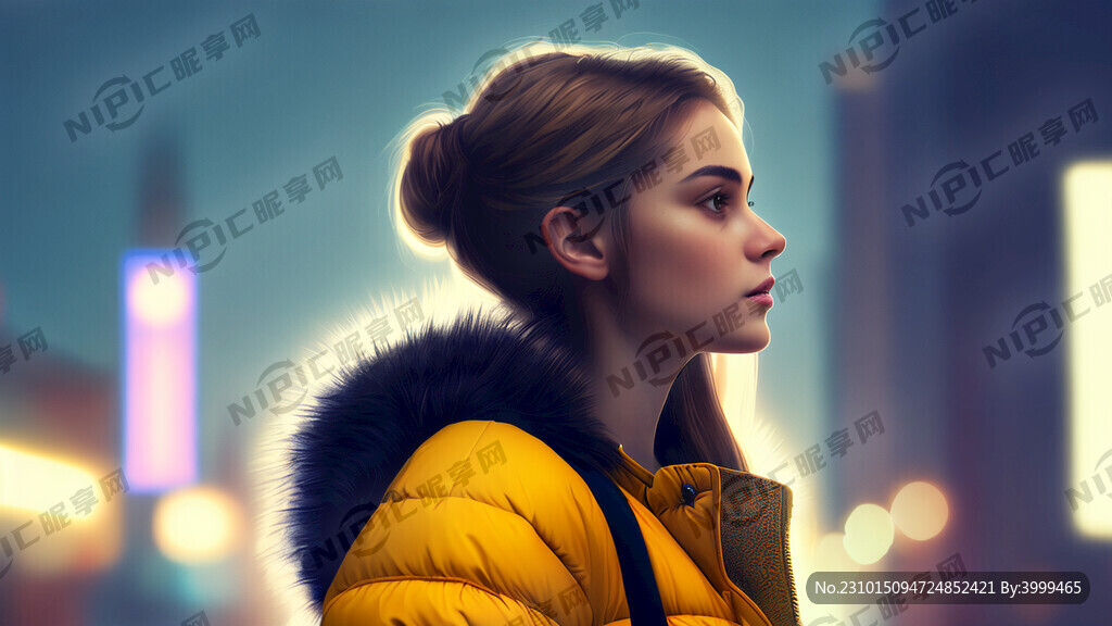 穿着时尚羽绒服的女孩在全身侧脸