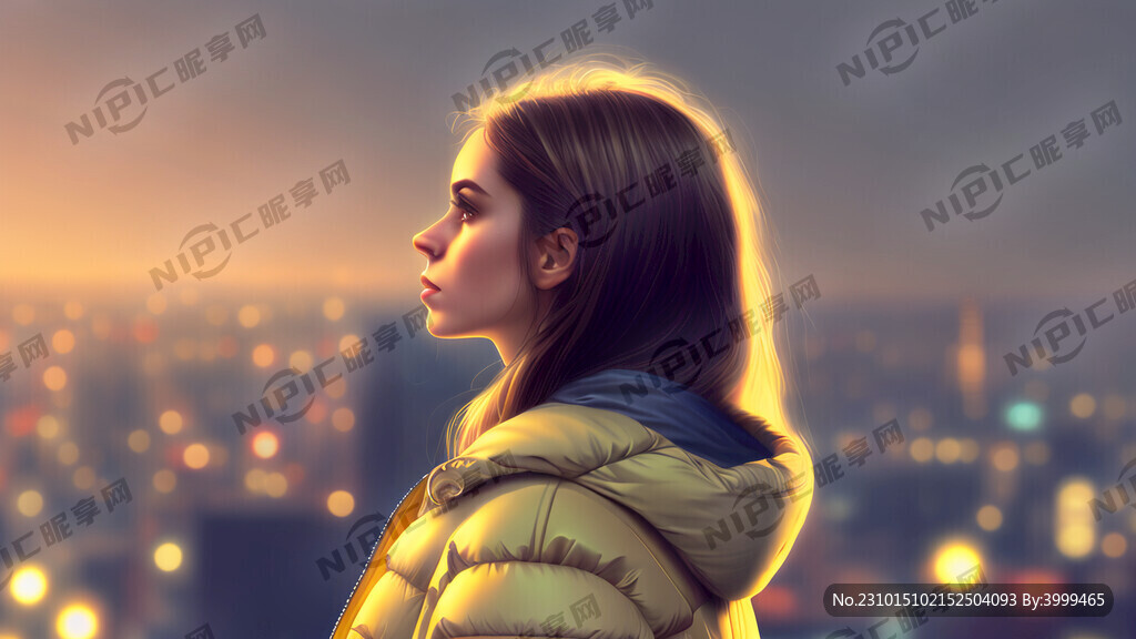 穿着时尚羽绒服的女孩在全身侧脸