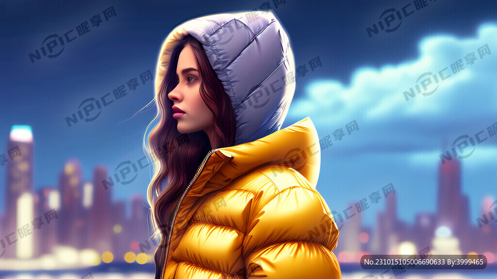 穿着时尚羽绒服的女孩在全身侧脸