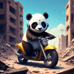 可爱个性熊猫戴摩托车头盔骑踏板车行驶在城市废墟中
