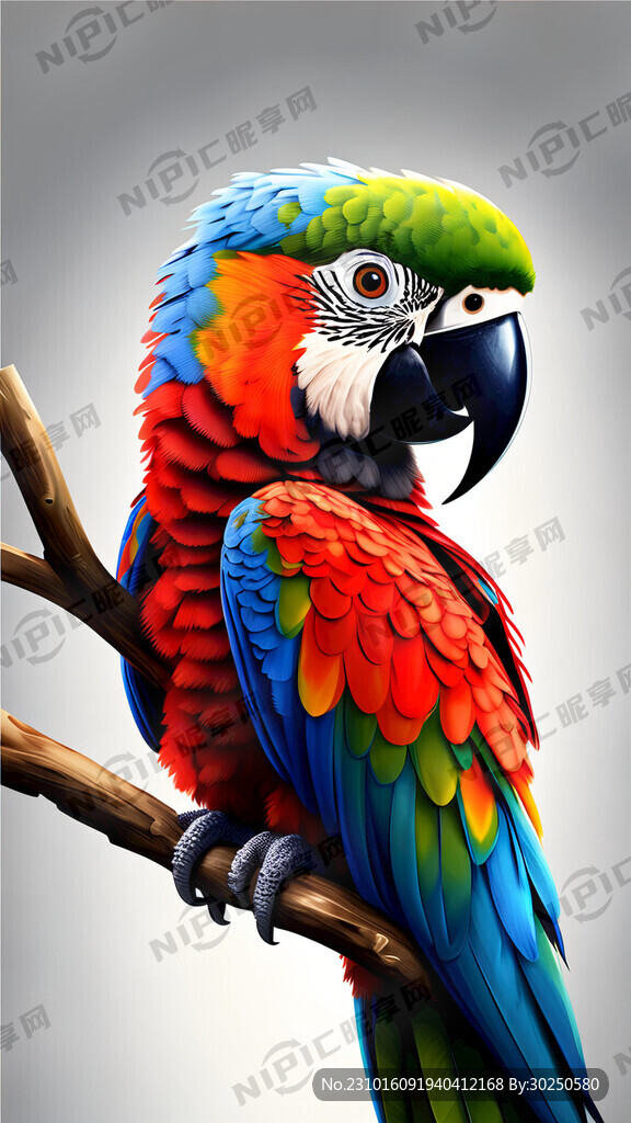 鹦鹉 整体图 树枝 白色背景