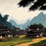 湘西特色背景有远山有苗族房屋有田的风景画