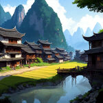 湘西特色背景有远山有苗族矮房屋有田的风景画的十八洞村
