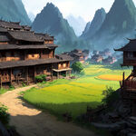湘西特色背景有远山有苗族矮房屋有田的风景画的十八洞村