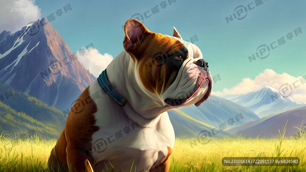 斗牛犬 草地 远山 梦境