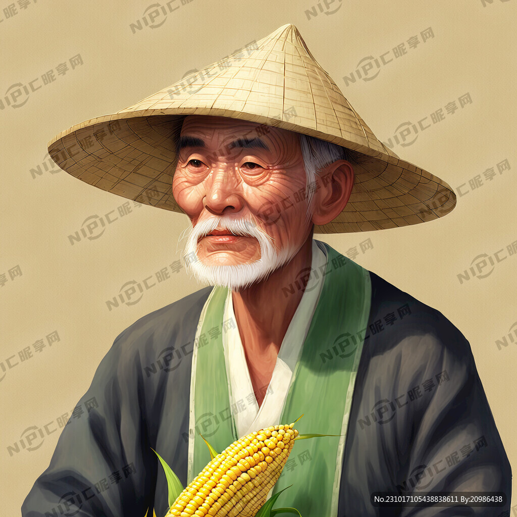 带着草帽的老头手里拿着玉米