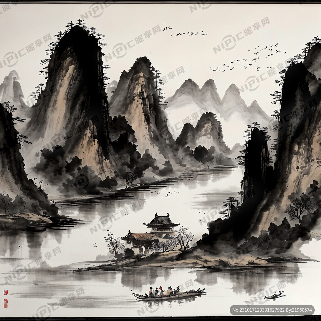 写意山水画 国画 水墨 河流