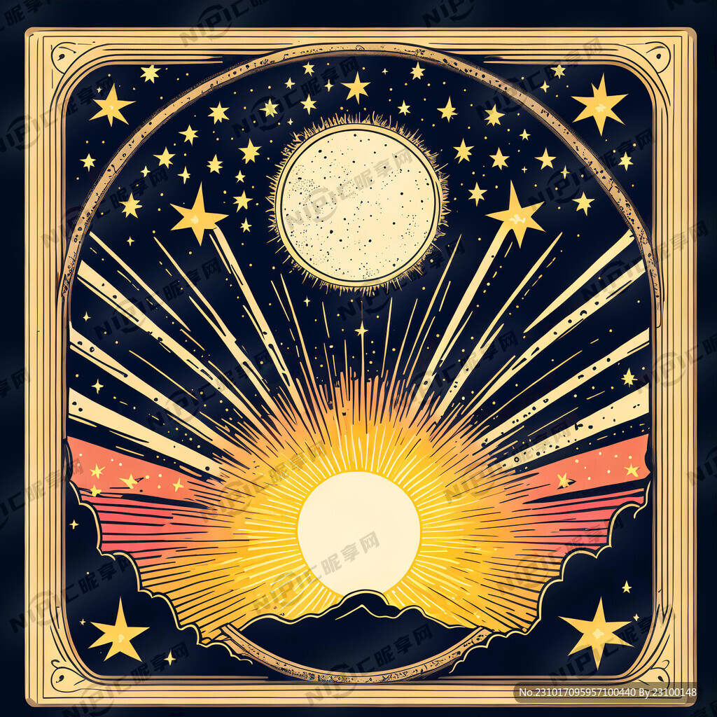 塔罗风格线条绘制的星星太阳月亮