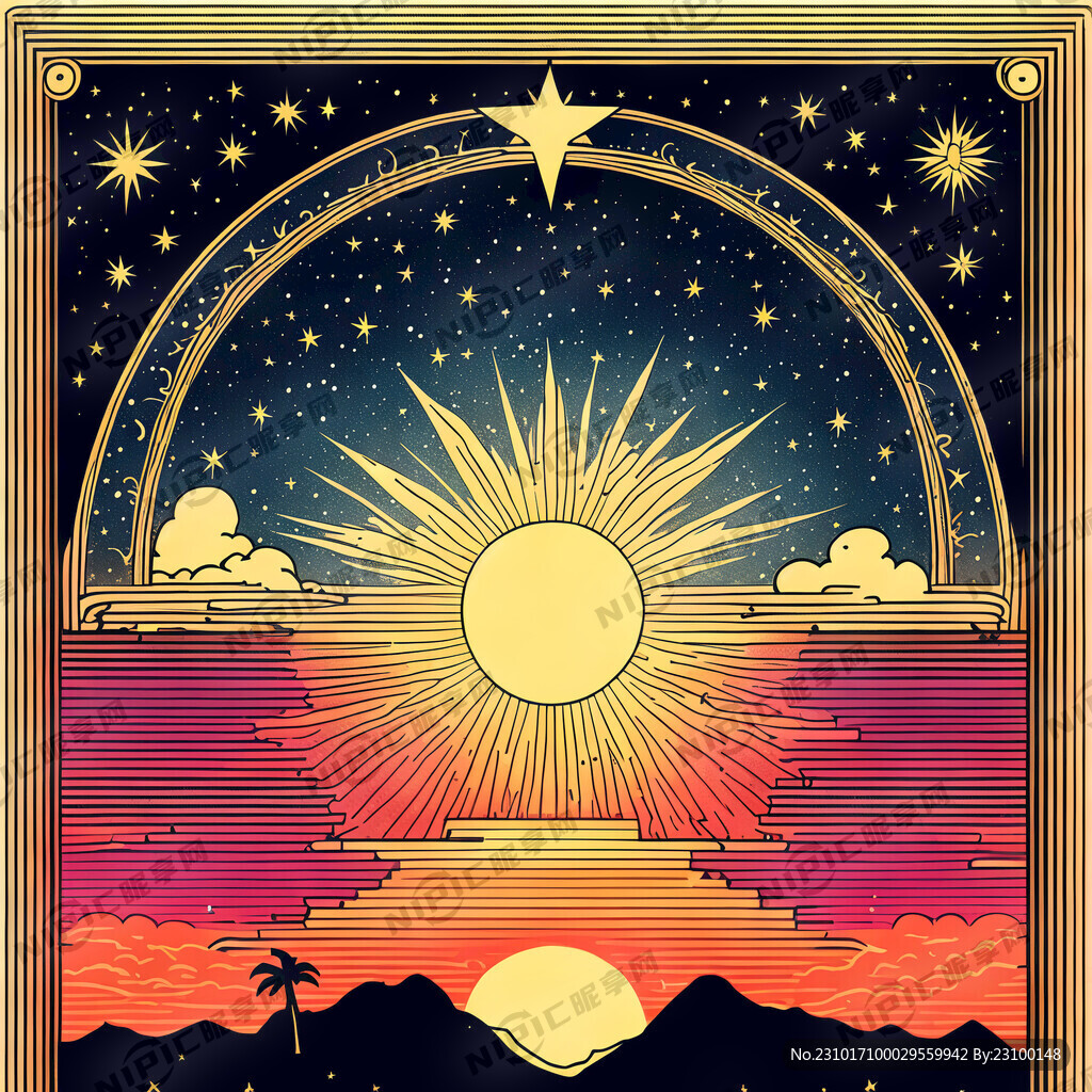 塔罗风格线条绘制的星星太阳月亮
