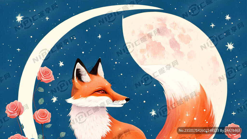 狐狸 玫瑰花 星空 月亮